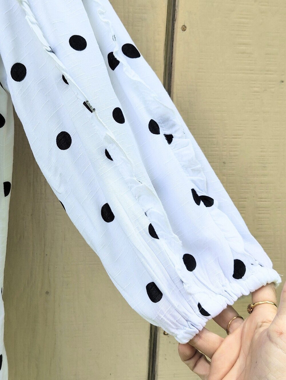Cato White/Black V-Neck Top Polka Dot Ruched Tie Front Popover Ruffles Sleeves - Picture 4 of 8